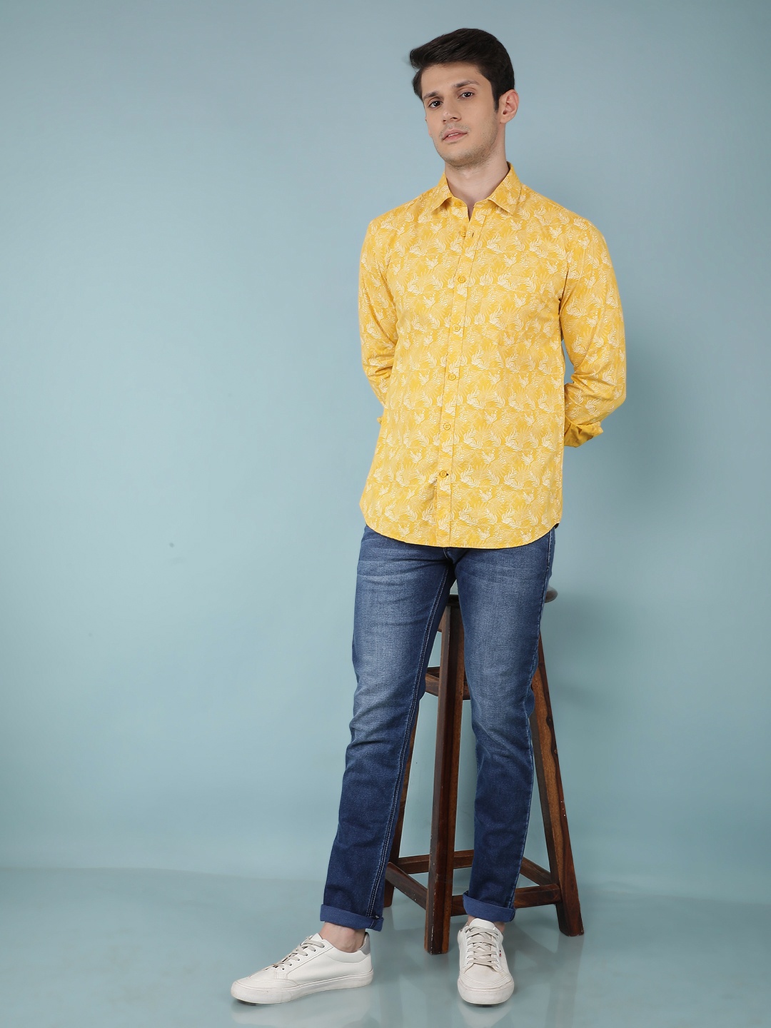 

Crimsoune Club Classic Floral Printed Spread Collar Cotton Curved Slim Fit Casual Shirt, Yellow