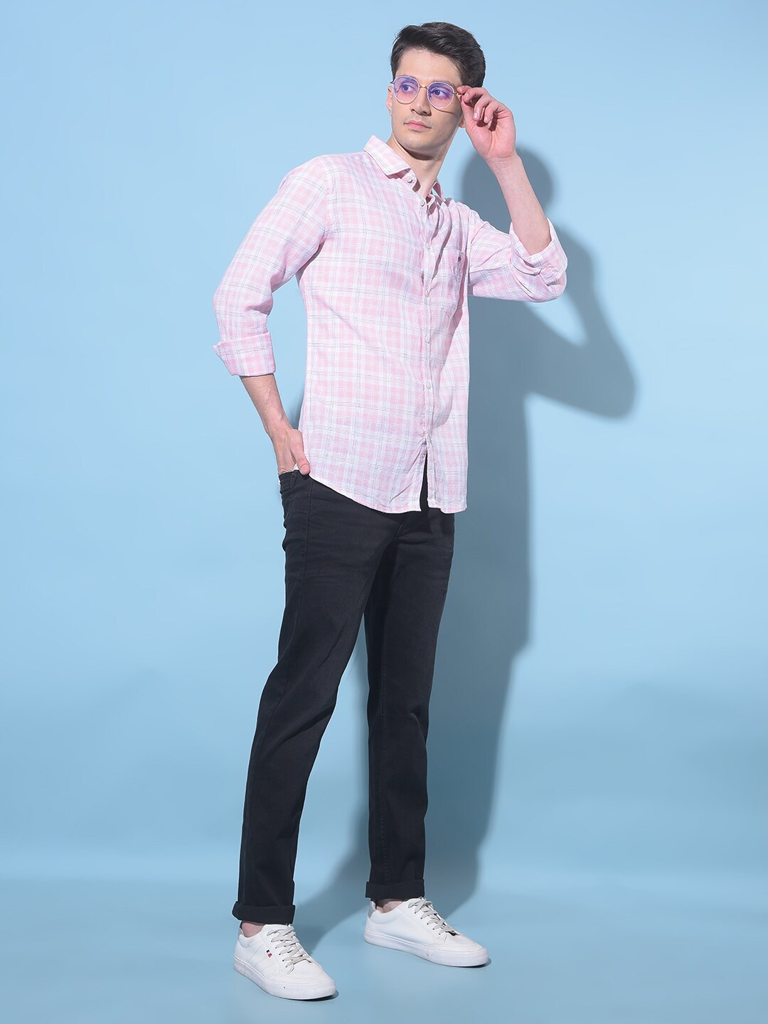 

Crimsoune Club Resort Collar Slim Fit Grid Tattersall Checked Casual Shirt, Peach