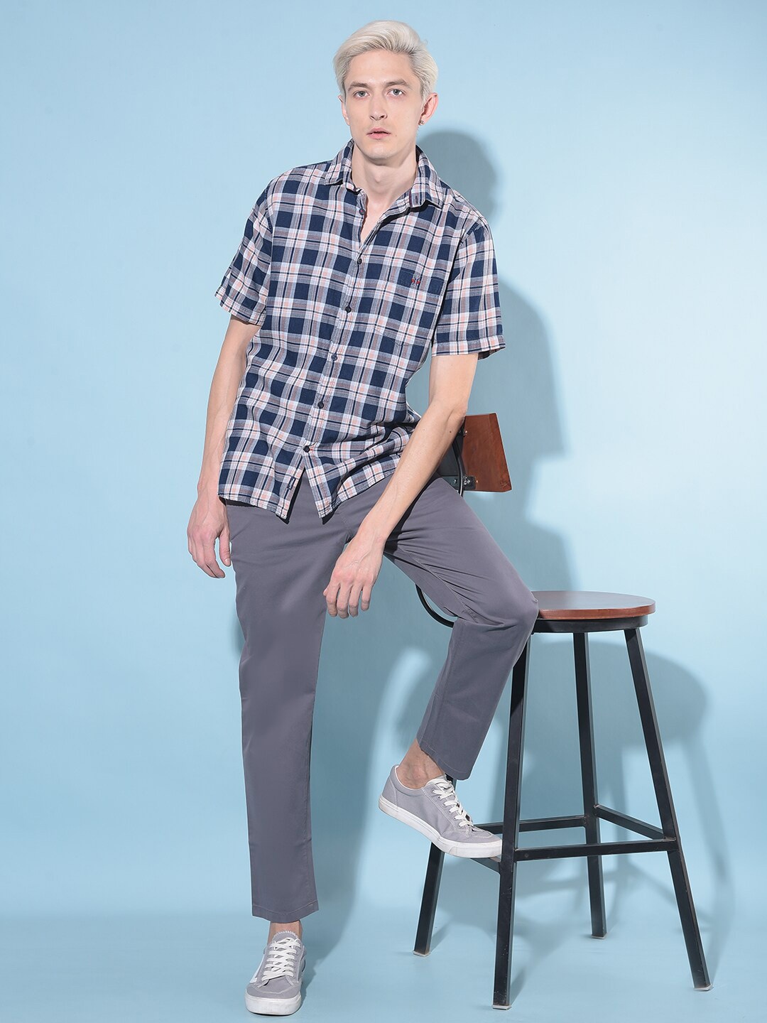 

Crimsoune Club Resort Collar Slim Fit Tartan Checked Cotton Shirt, Peach