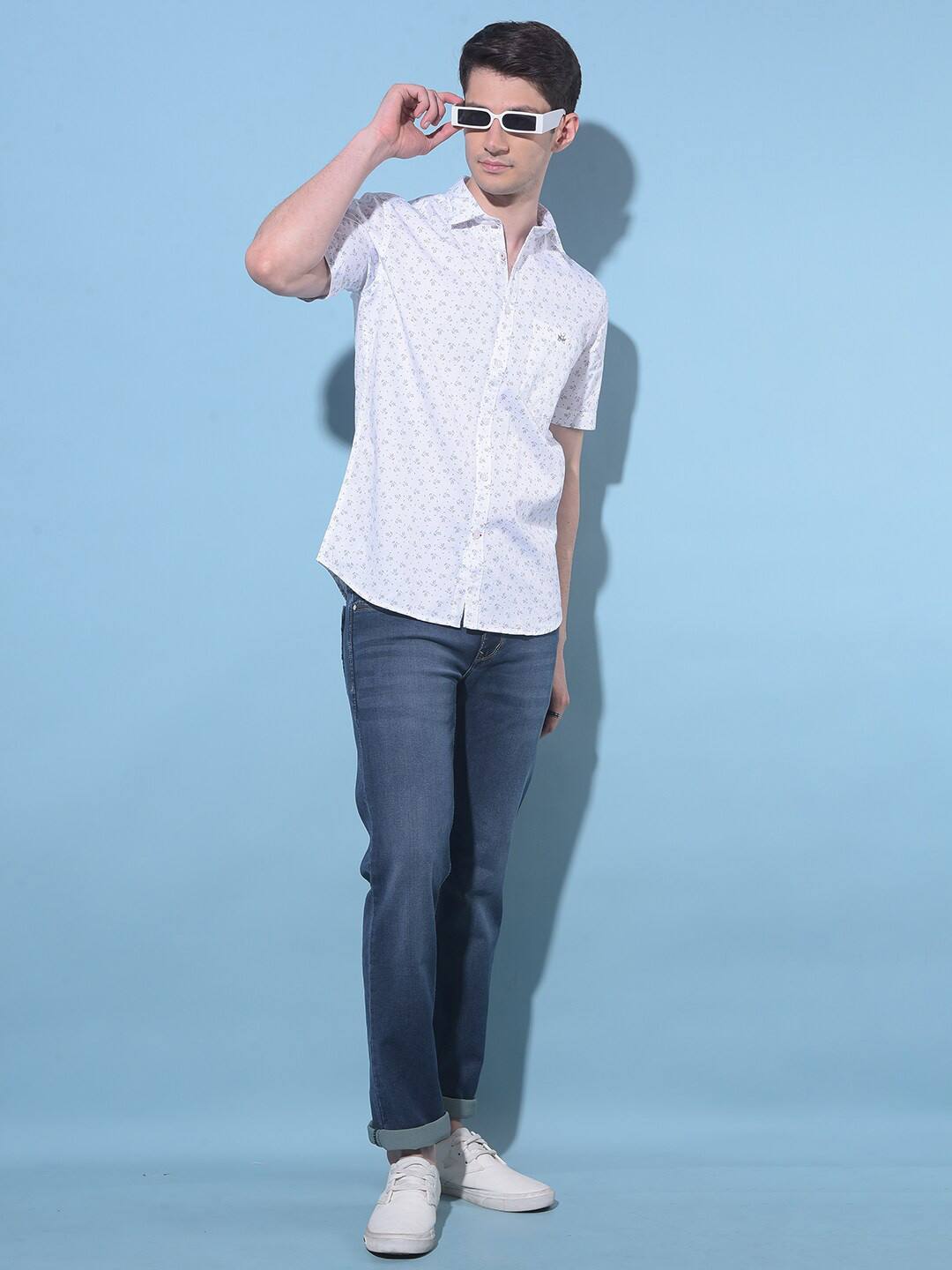 

Crimsoune Club Resort Collar Graphic Printed Cotton Curved Slim Fit Casual Shirt, White