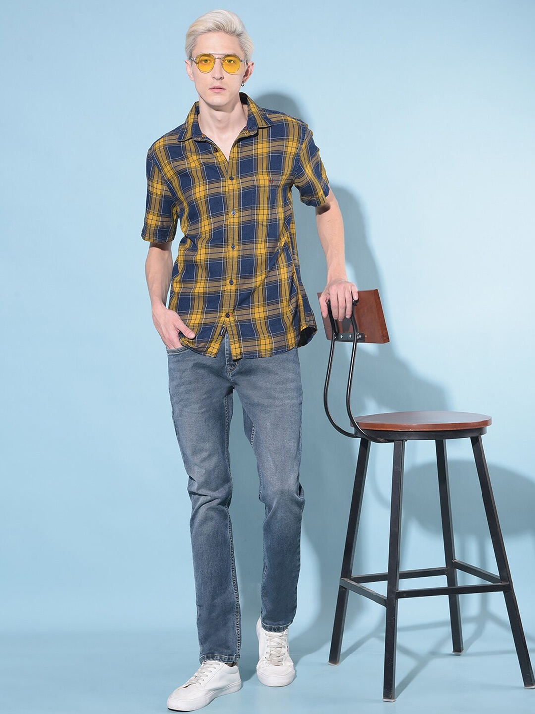 

Crimsoune Club Resort Collar Checked Printed Cotton Curved Slim Fit Casual Shirt, Mustard