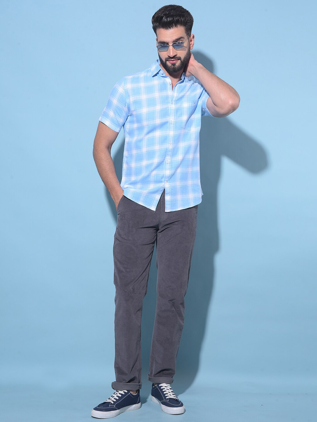 

Crimsoune Club Resort Collar Slim Fit Checked Cotton Casual Shirt, Blue