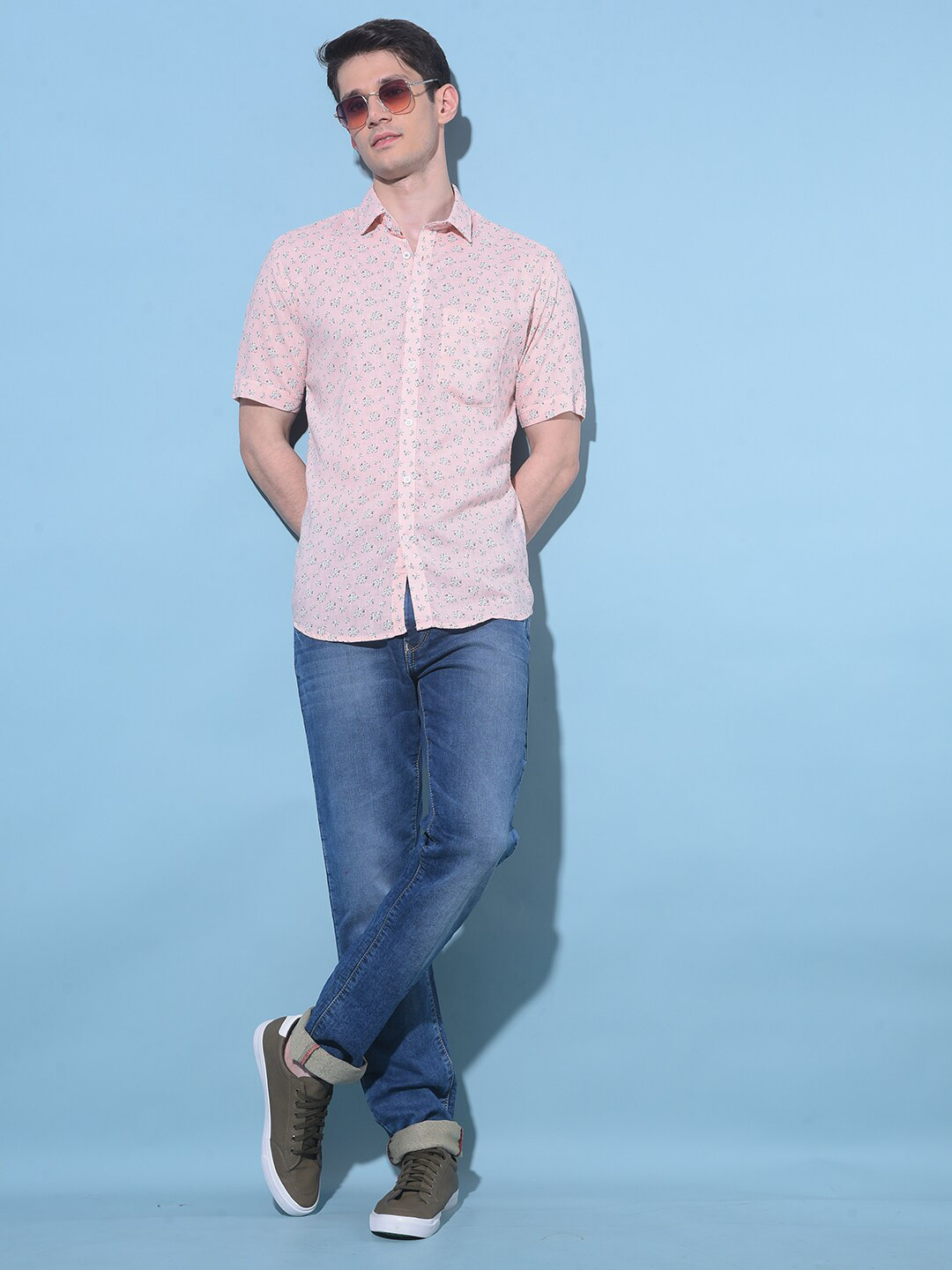 

Crimsoune Club Classic Slim Fit Printed Cotton Casual Shirt, Peach