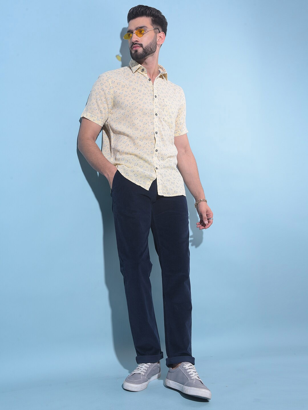 

Crimsoune Club Classic Slim Fit Floral Printed Pure Cotton Casual Shirt, Beige