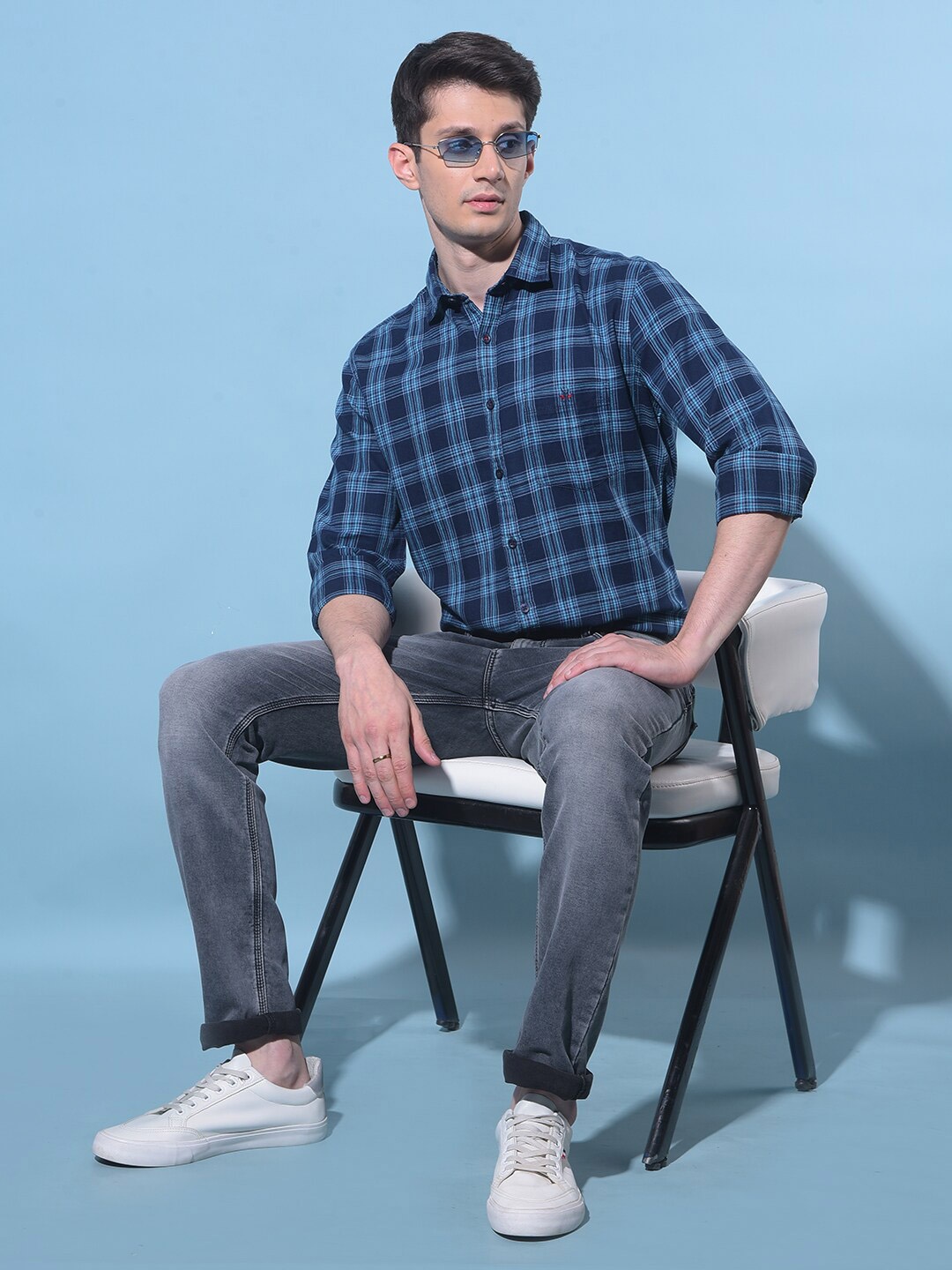 

Crimsoune Club Classic Slim Fit Tartan Checked Spread Collar Cotton Shirt, Blue