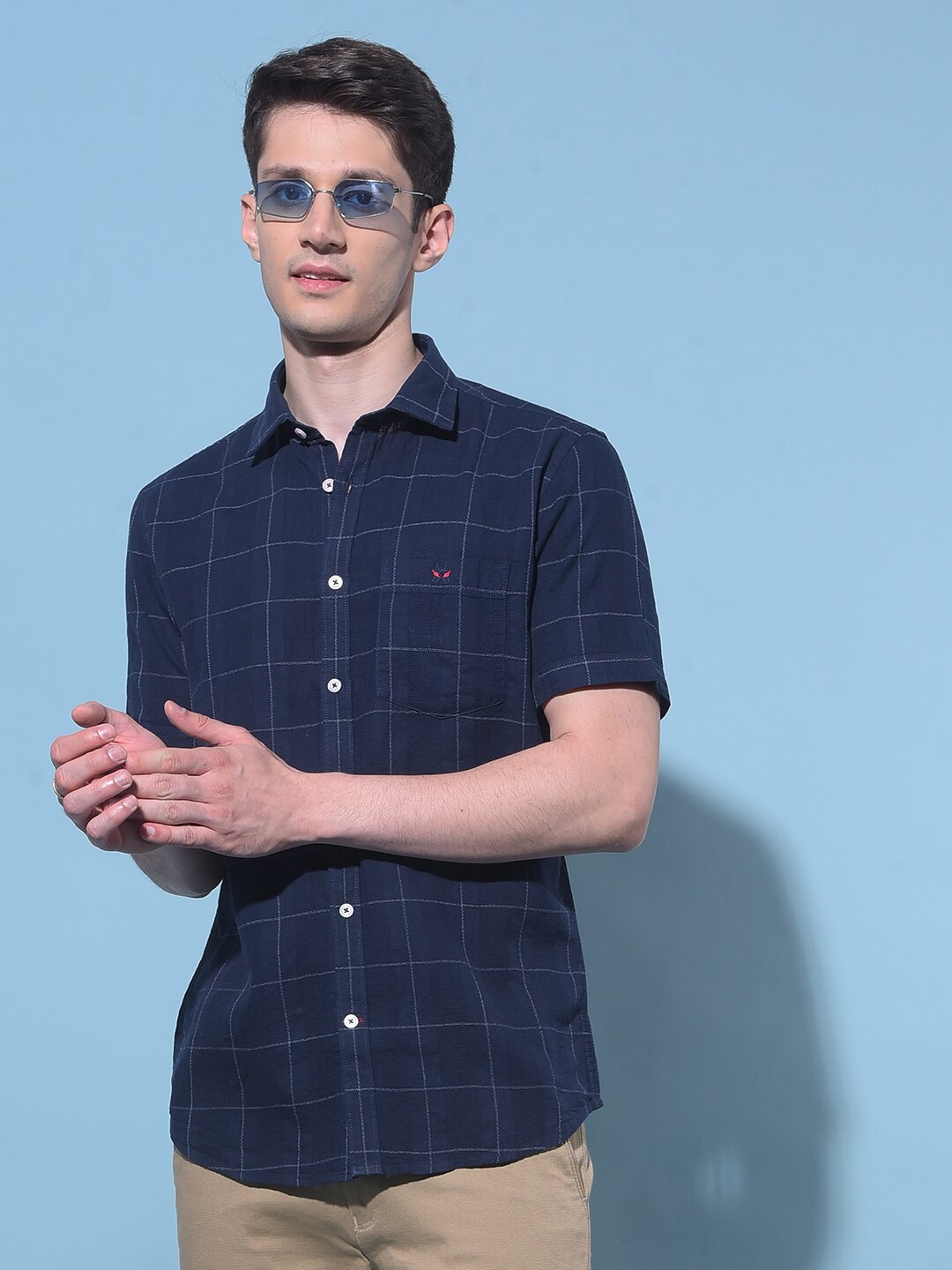 

Crimsoune Club Classic Windowpane Checks Spread Collar Slim Fit Cotton Casual Shirt, Navy blue