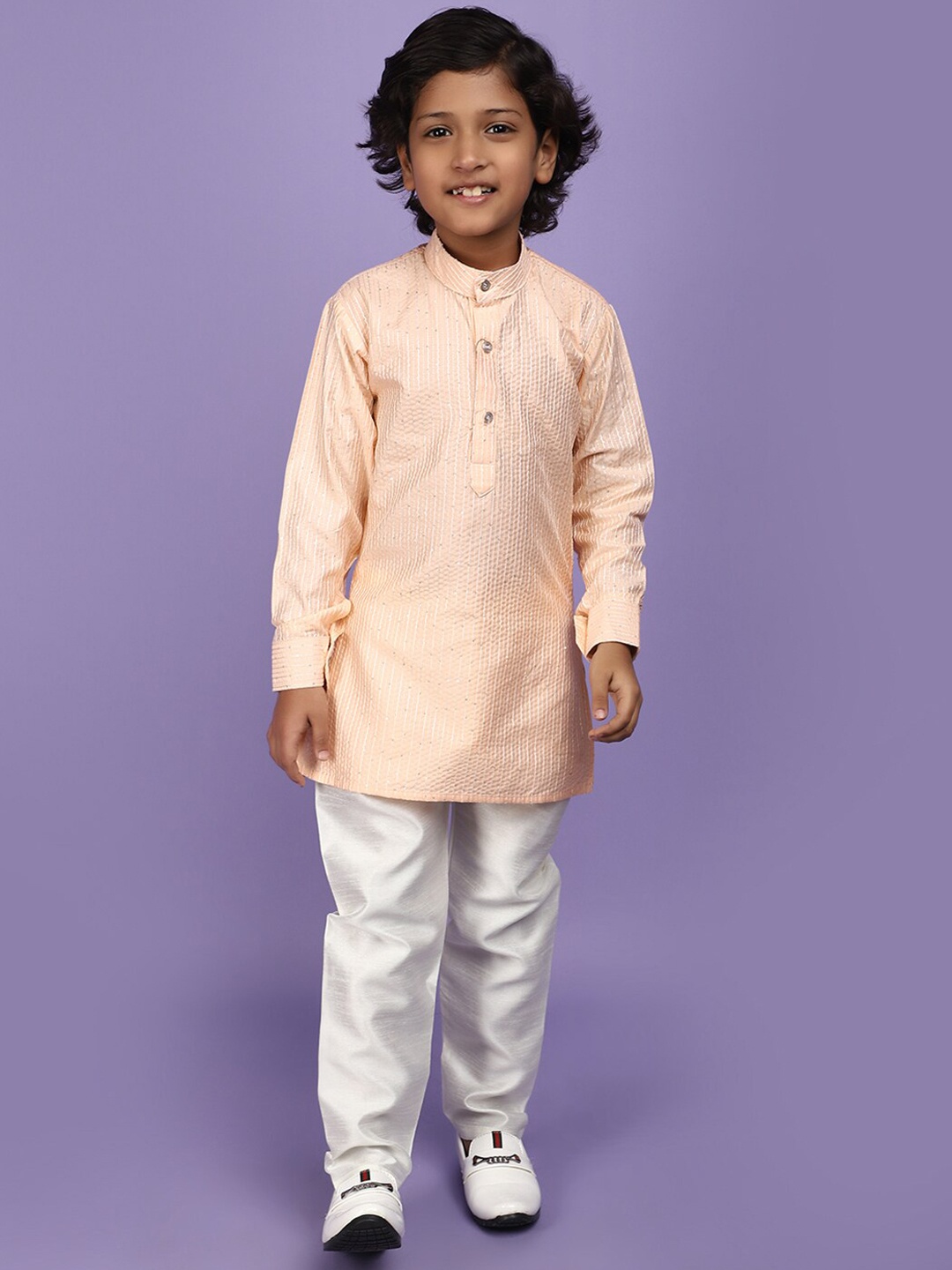 

V-Mart Boys Striped Regular Sequinned Pure Cotton Kurta with Pyjama, Peach