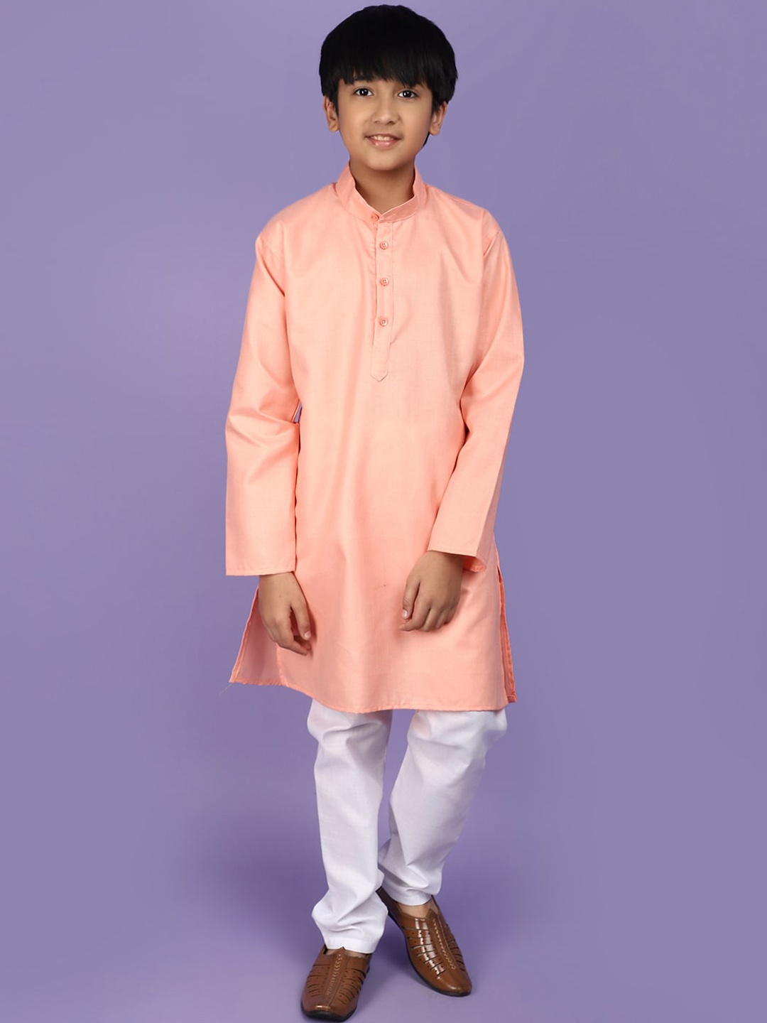 

V-Mart Boys Mandarin Collar Pure Cotton Straight Kurta With Trousers, Peach