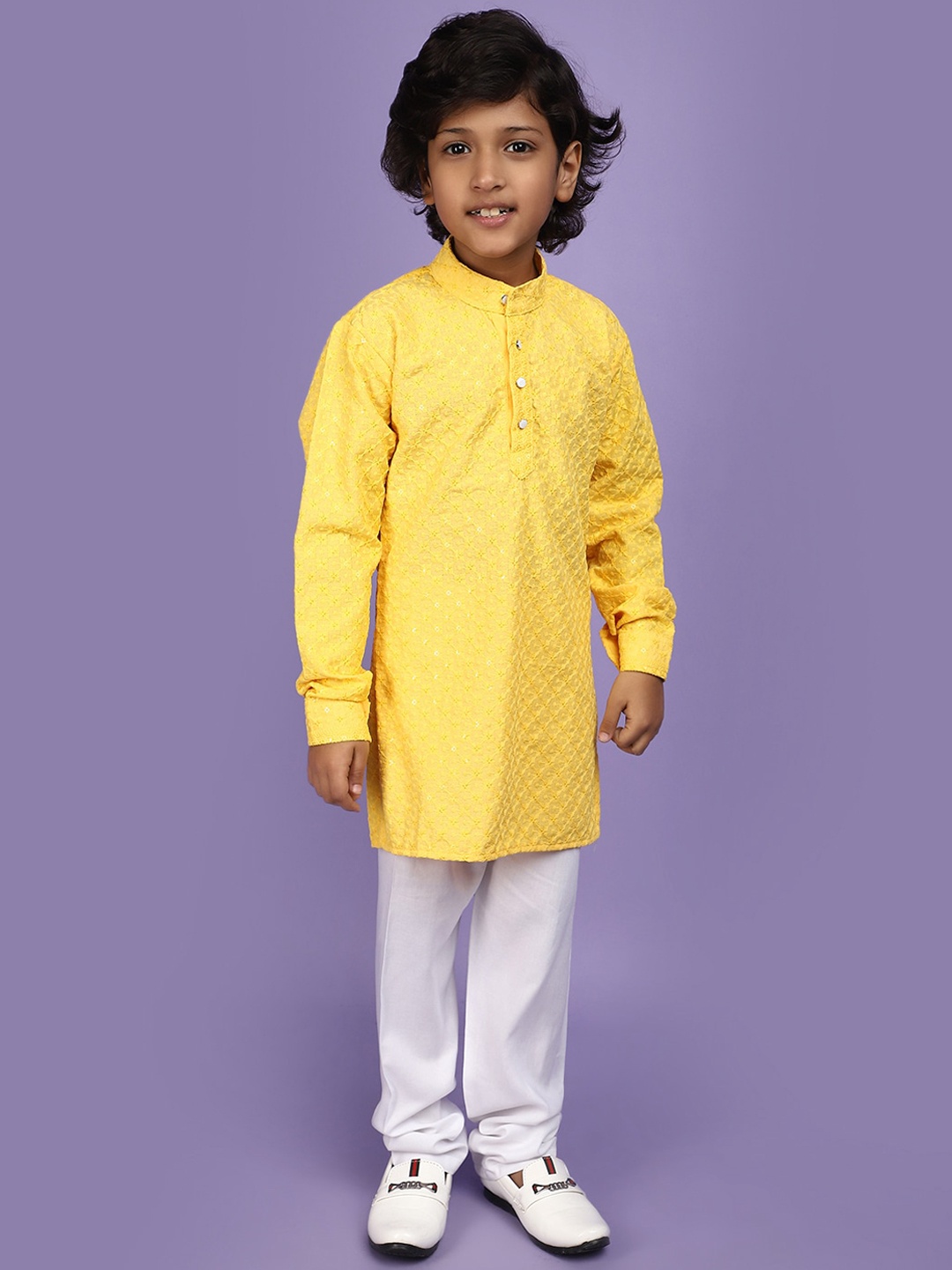 

V-Mart Boys Floral Embroidered Band Collar Sequined Pure Cotton Straight Kurta & Pyjamas, Mustard