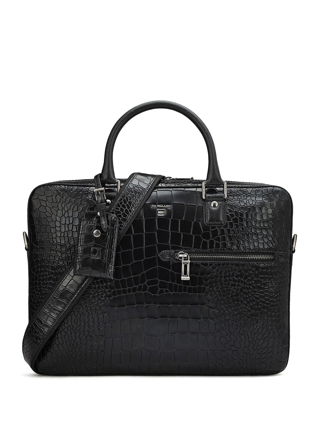 

Da Milano Men Textured Leather Laptop Bag, Black