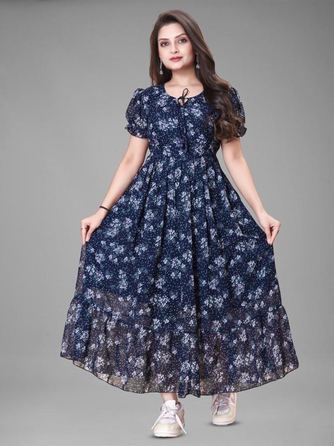 

BAESD Floral Print Tie-Up Neck Puff Sleeve Maxi Dress, Navy blue