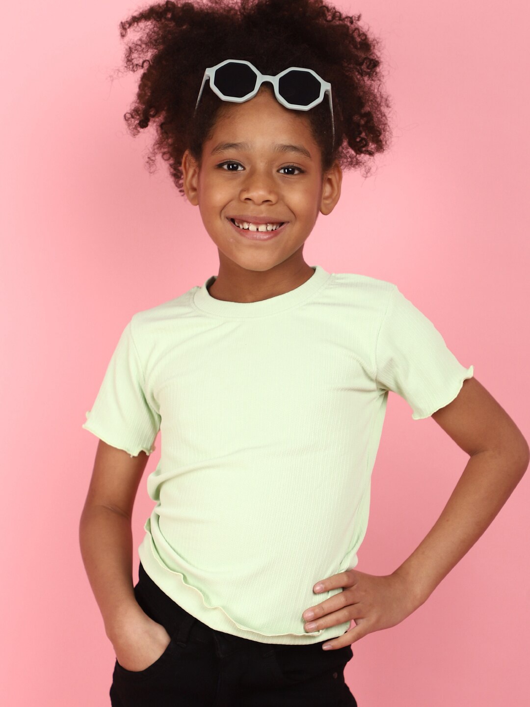 

V-Mart Girls Ribbed Round Neck Top, Sea green