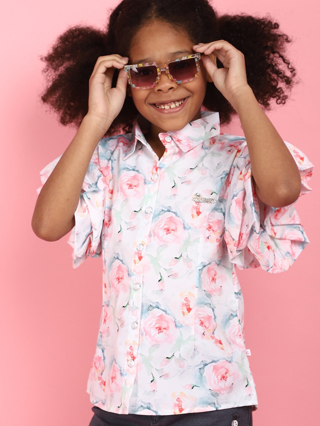 

V-Mart Girls Floral Printed Flutter Sleeves Georgette Shirt Style Top, White