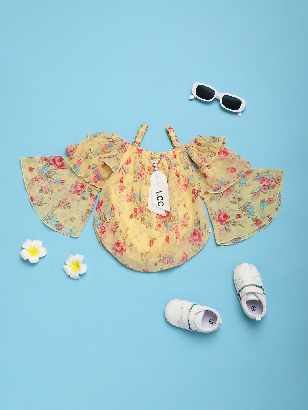 

V-Mart Girls Floral Print Bell Sleeve Georgette Top, Yellow