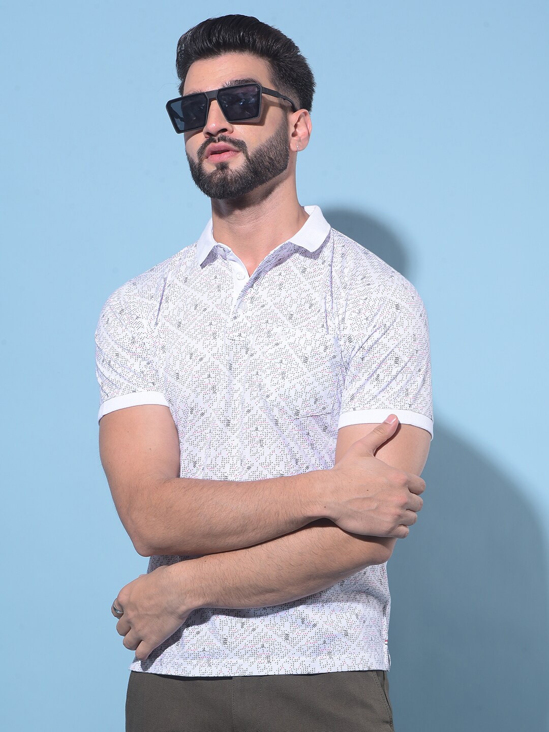 

Crimsoune Club Abstract Printed Polo Collar Slim Fit Pure Cotton T-shirt, White
