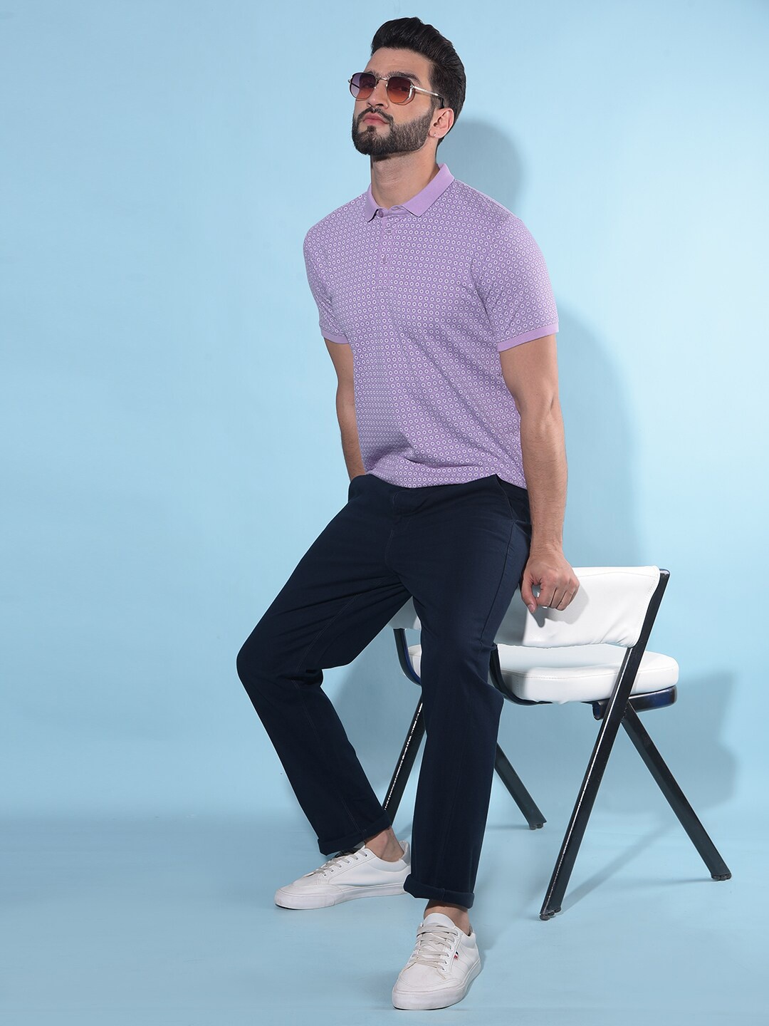 

Crimsoune Club Geometric Printed Polo Collar Pockets Slim Fit T-shirt, Purple
