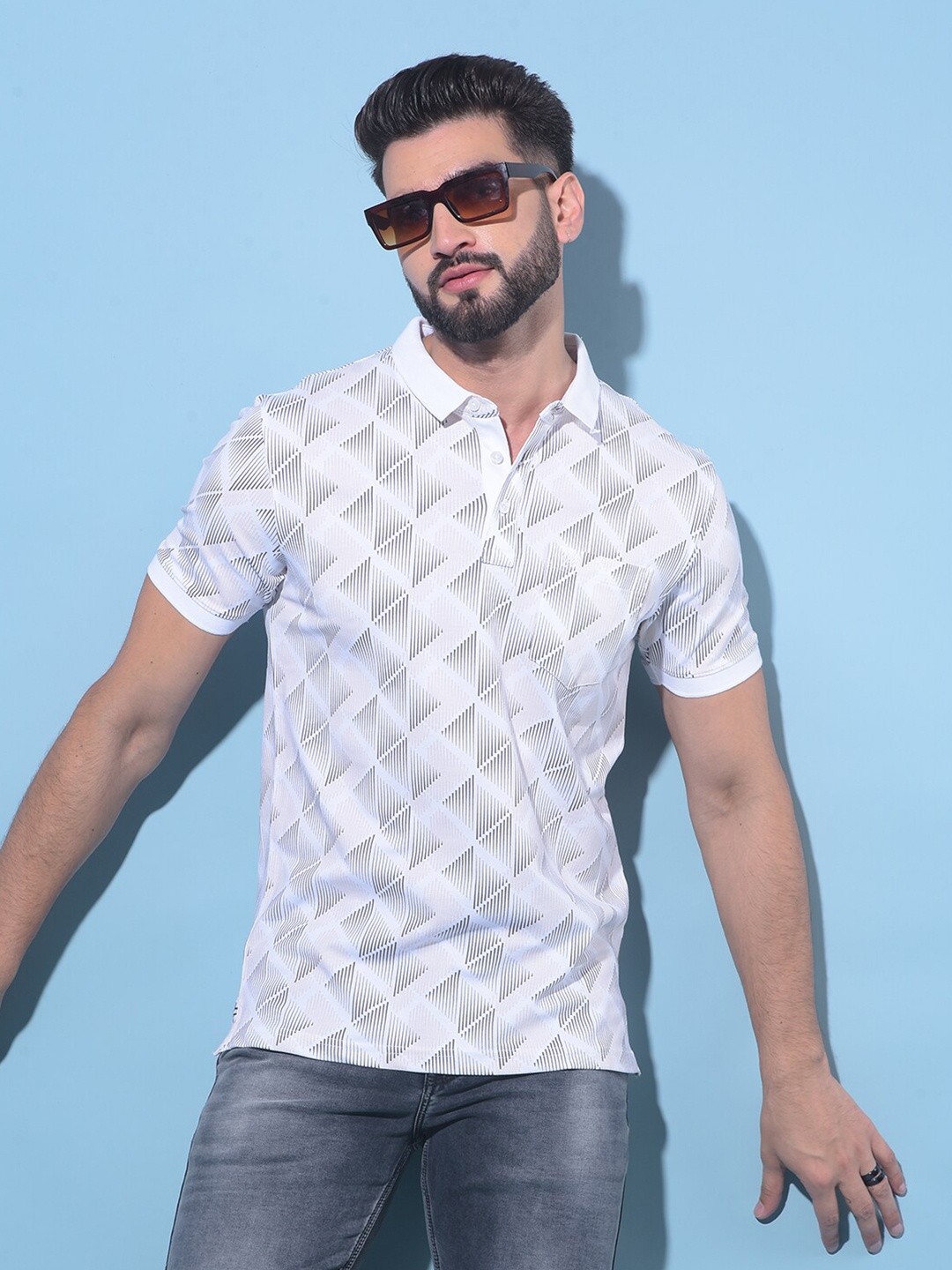 

Crimsoune Club Geometric Printed Polo Collar Pockets Slim Fit T-shirt, Beige