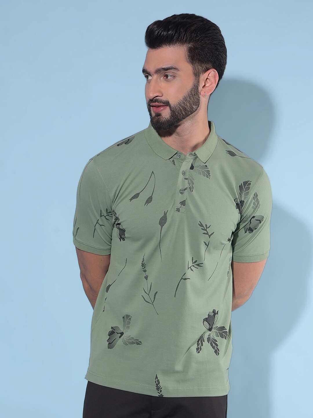 

Crimsoune Club Floral Printed Polo Collar Short Sleeves Slim Fit T-shirt, Green