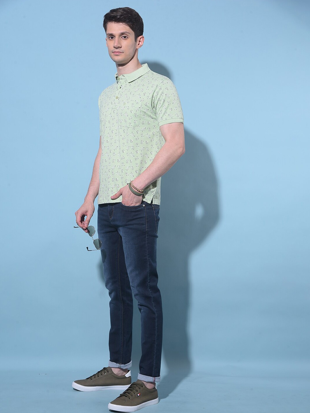 

Crimsoune Club Floral Printed Polo Collar Slim Fit T-shirt, Green