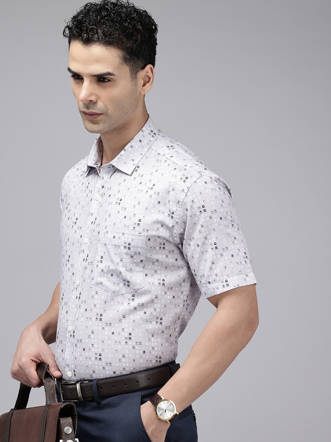 

V Dot Slim Fit Opaque Abstract Printed Pure Cotton Formal Shirt, Grey