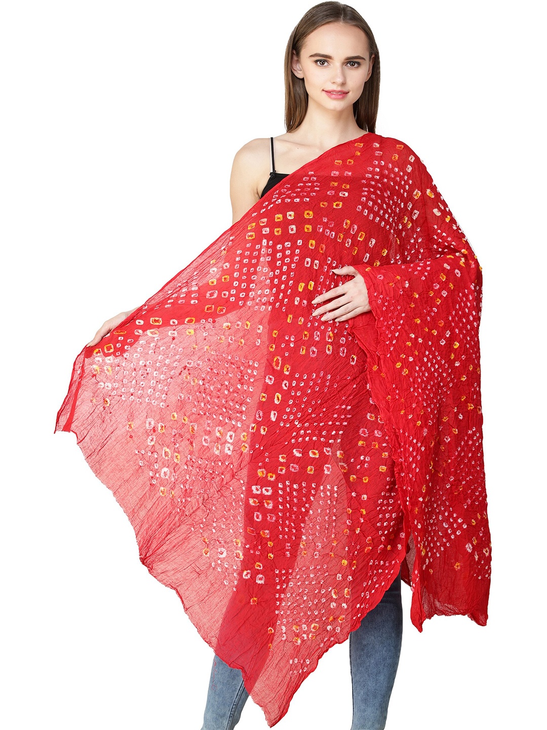 

Exotic India Bittersweet Red Pure Cotton Tie-Dye Printed Silk Jodhpuri Dupatta