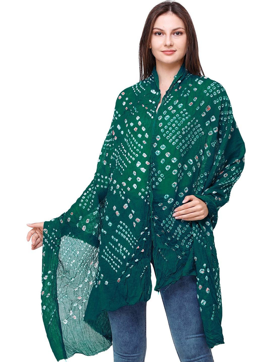 

Exotic India Bay Berry Pure Cotton Tie-Dye Printed Silk Jodhpuri Dupatta, Green