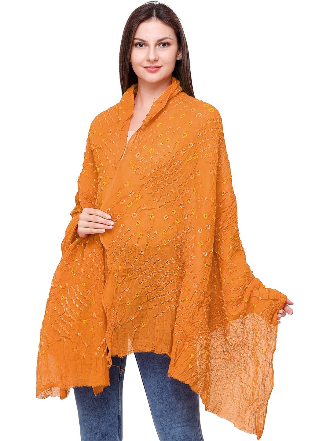 

Exotic India Autumn Glory Pure Cotton Tie-Dye Printed Silk Jodhpuri Dupatta, Orange