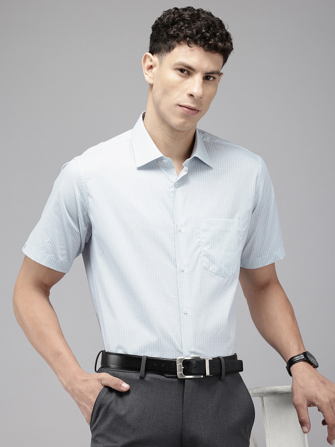 Van Heusen Pure Cotton Custom Fit Opaque Printed Formal Shirt, Blue