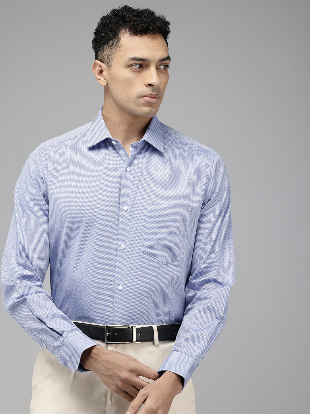 

Van Heusen Pure Cotton Self Design Textured Custom Opaque Formal Shirt, Blue
