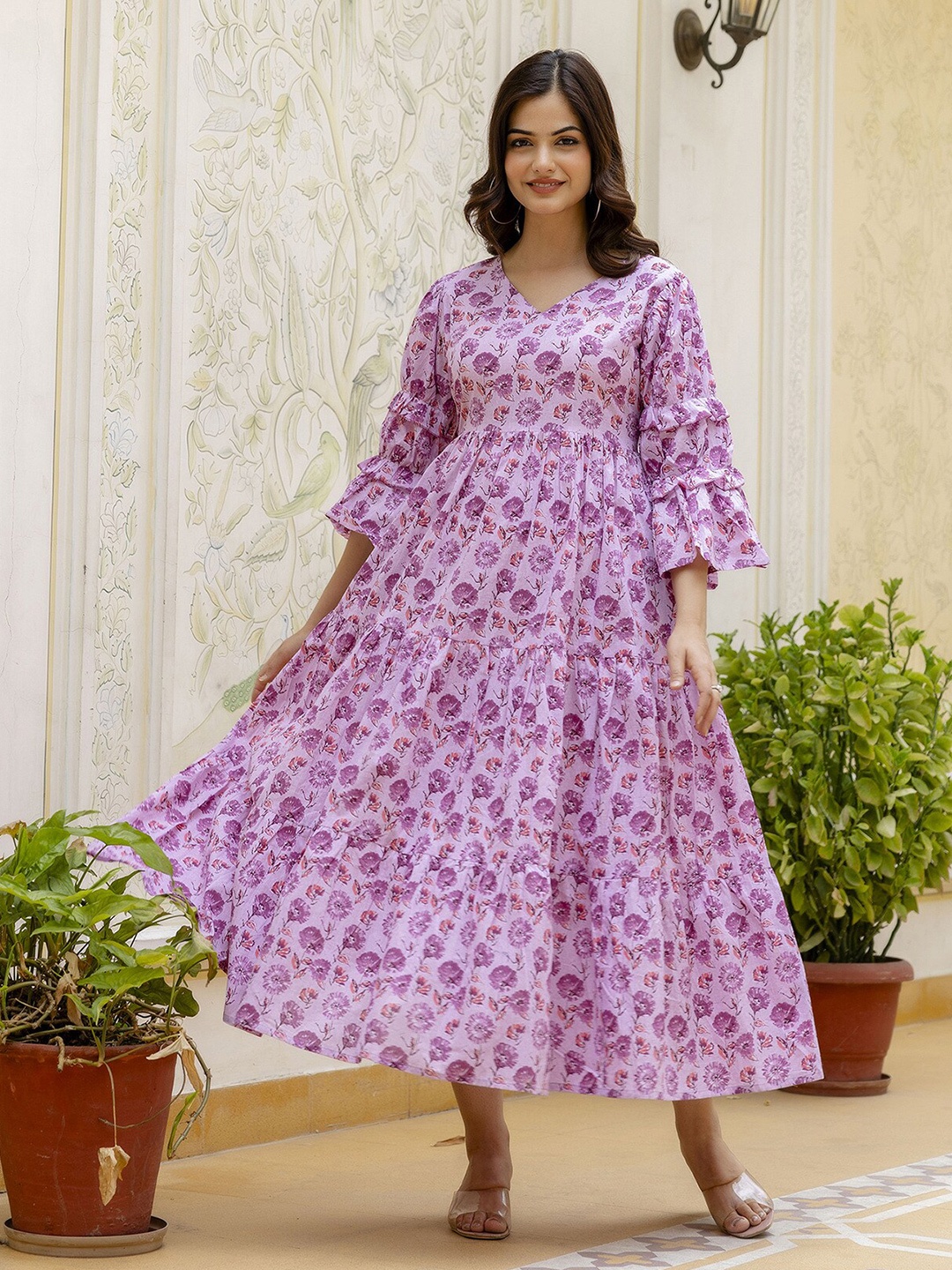 

Nayo Floral Print V-Neck Bell Sleeve Tiered Cotton Fit & Flare Midi Dress, Pink