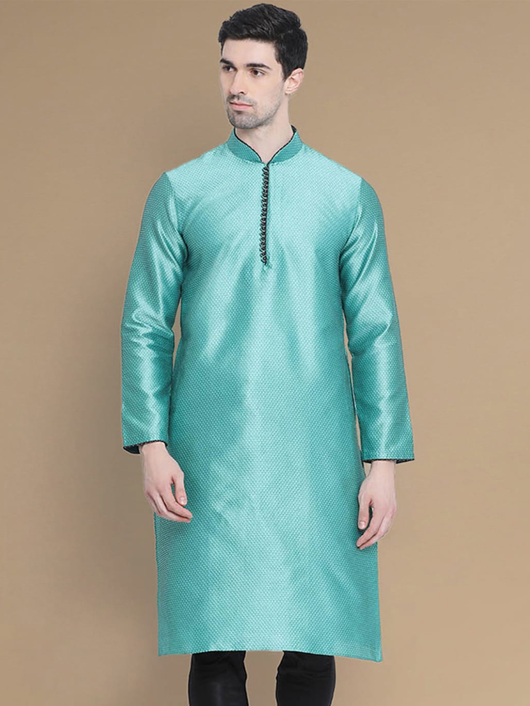 

Sanwara Woven Design Mandarin Collar Jacquard Straight Kurta, Green
