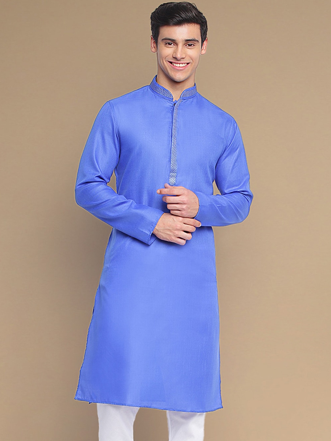 

Sanwara Mandarin Collar Woven Design Thread Work Jacquard Straight Kurta, Blue