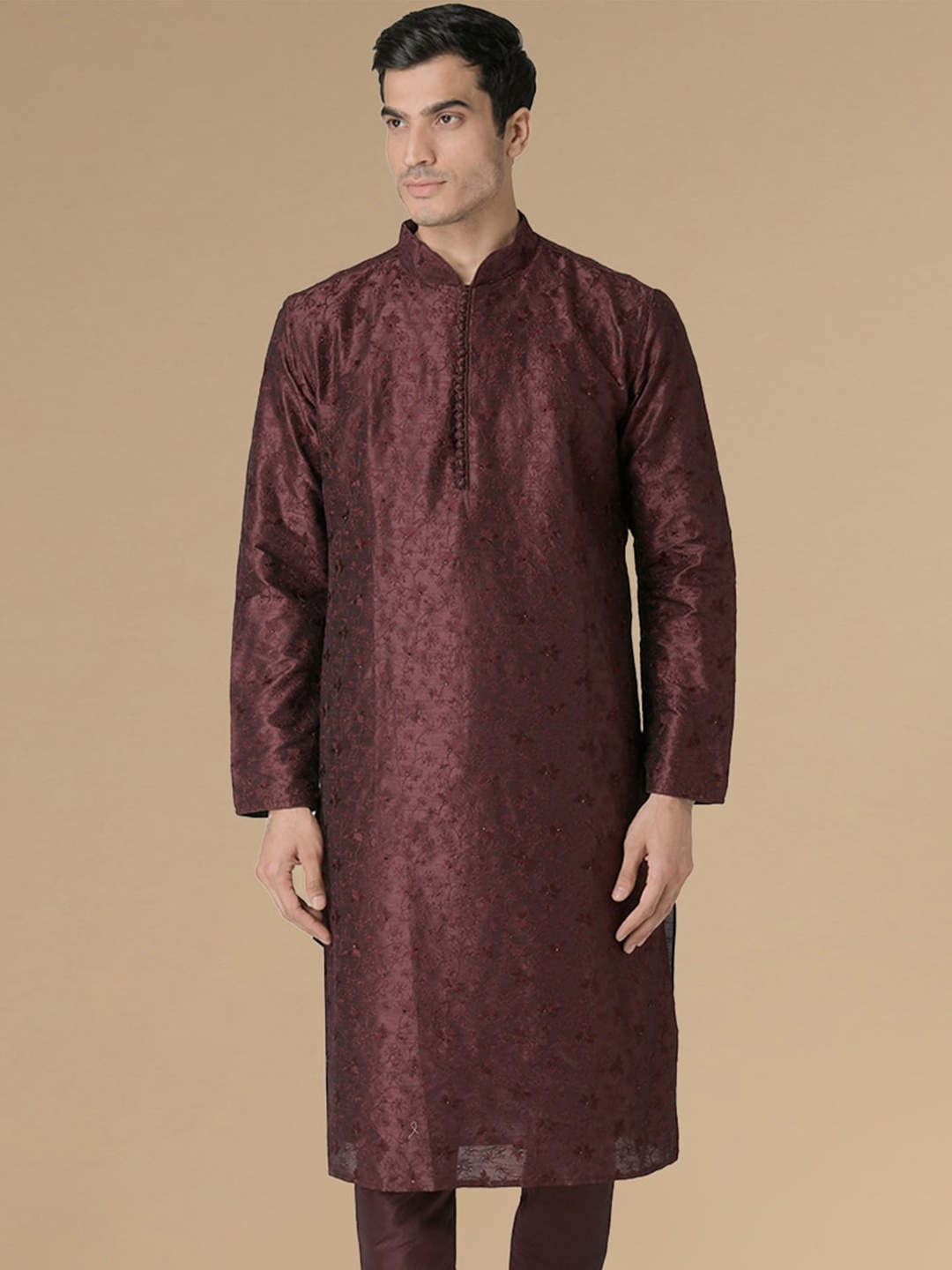 

Sanwara Mandarin Collar Woven Design Thread Work Jacquard Straight Kurta, Red