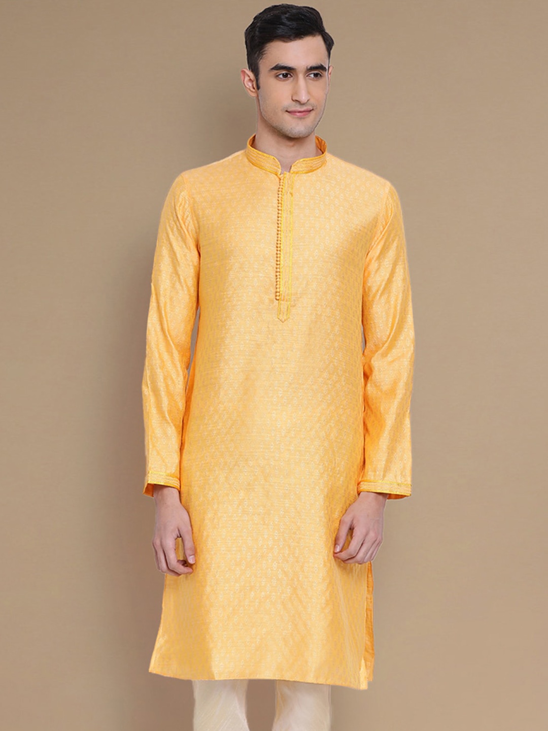 

Sanwara Mandarin Collar Long Sleeves Woven Design Straight Kurta, Orange