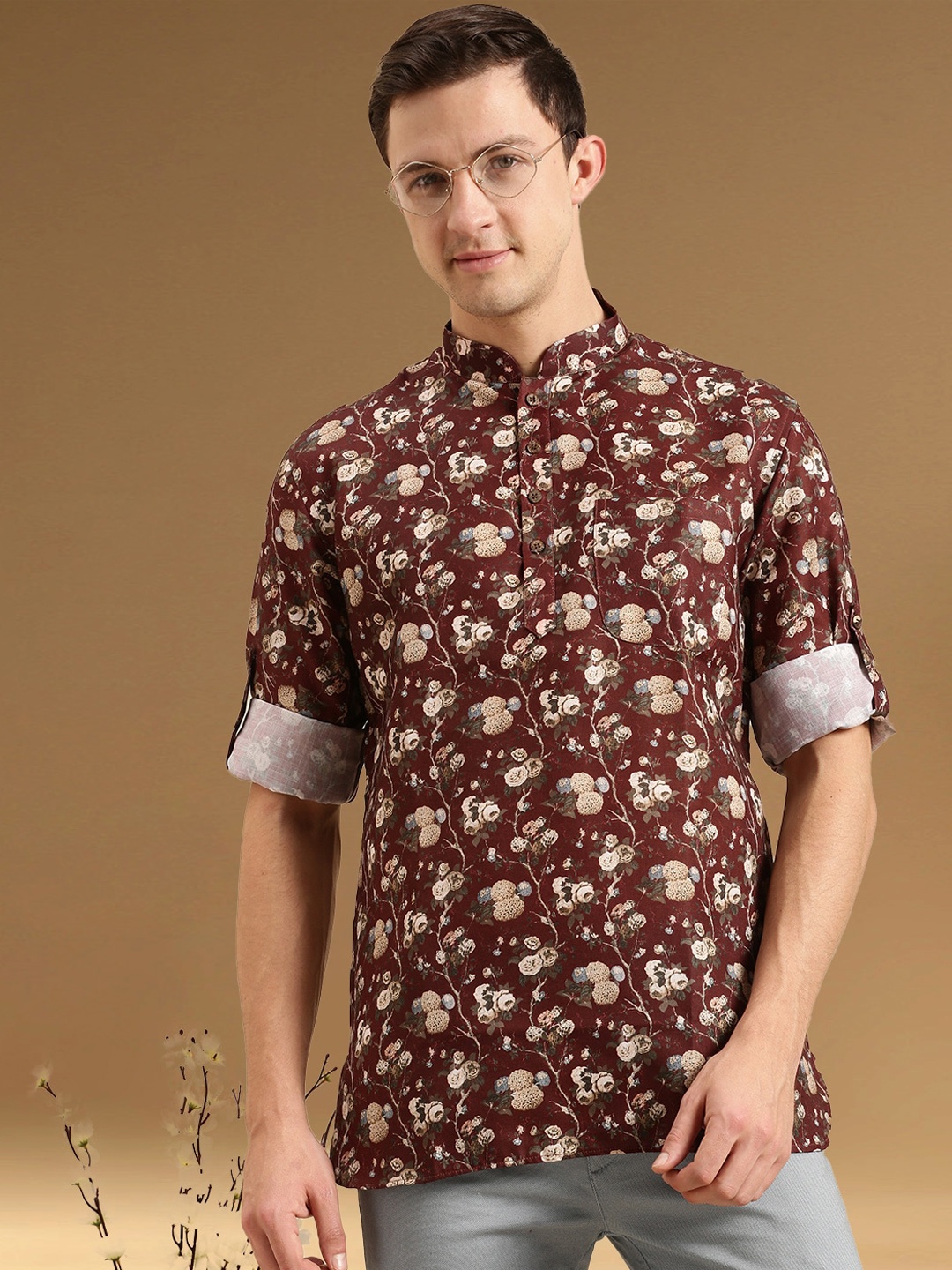 

Sanwara Floral Printed Pathani Kurta, Red