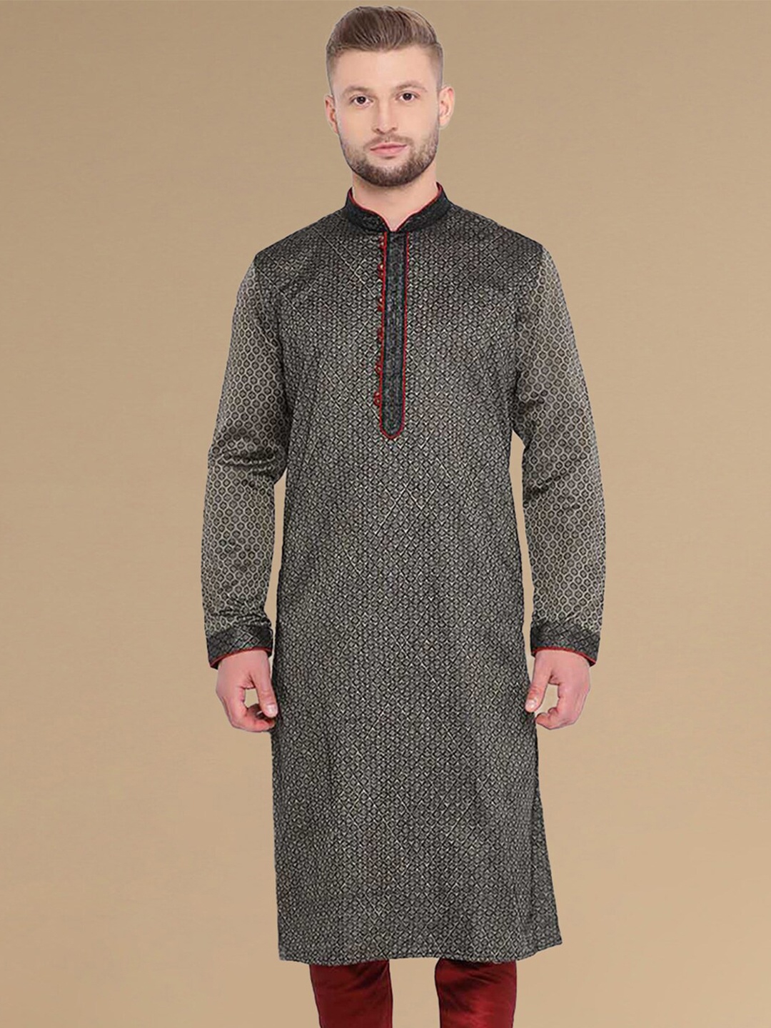 

Sanwara Mandarin Collar Woven Design Thread Work Jacquard Straight Kurta, Black