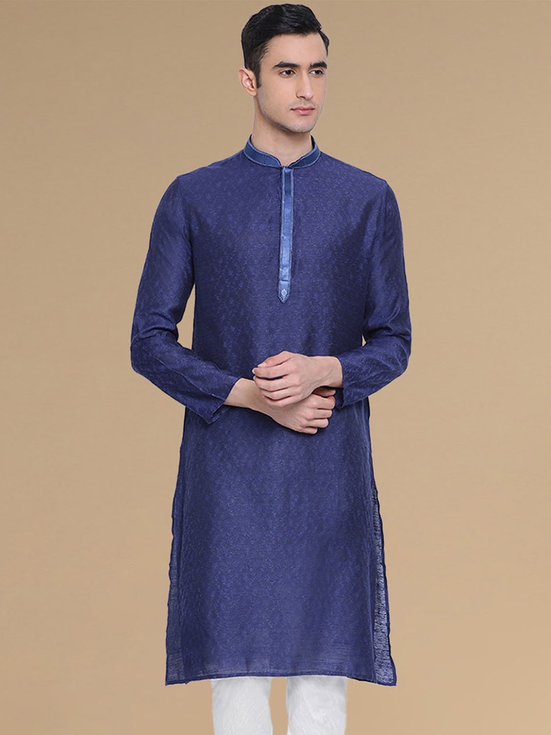 

Sanwara Woven Design Mandarin Collar Jacquard Straight Kurta, Blue