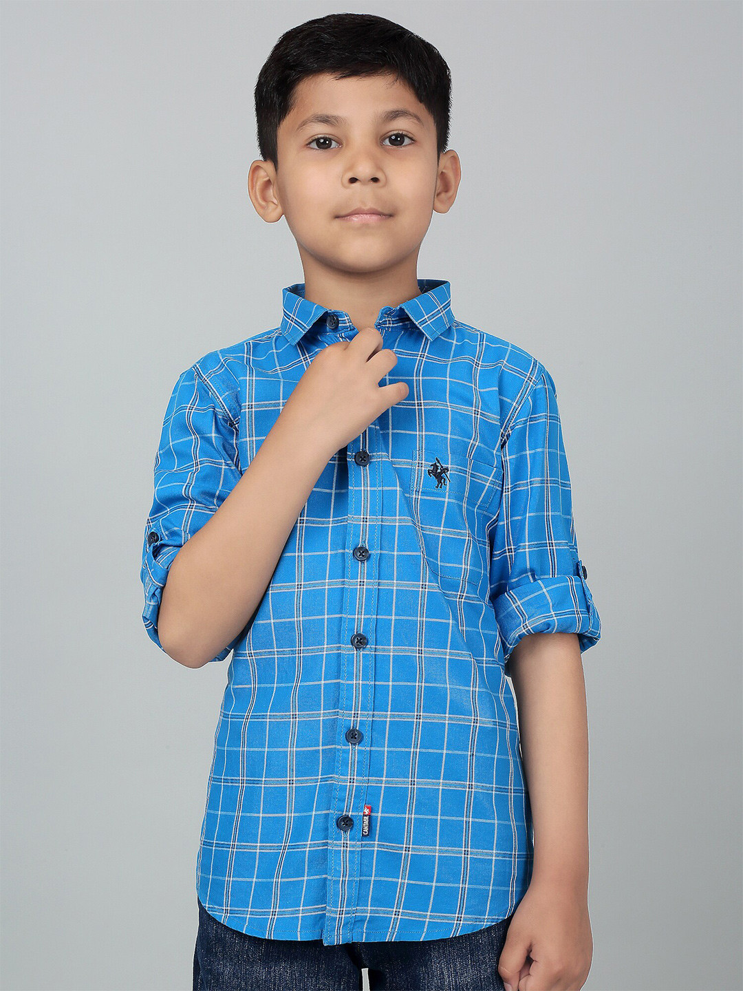 

Cantabil Boys Tartan Checked Spread Collar Long Roll-Up Sleeves Casual Shirt, Blue