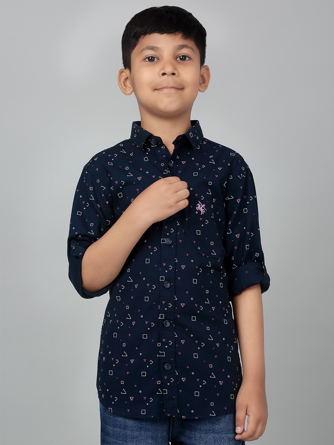 

Cantabil Boys Abstract Printed Spread Collar Long Roll-Up Sleeves Casual Shirt, Navy blue