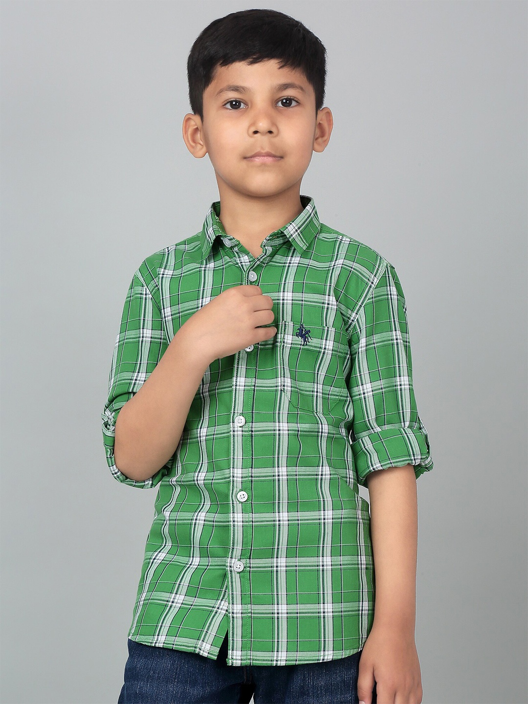 

Cantabil Boys Tartan Checked Spread Collar Long Roll-Up Sleeves Casual Shirt, Green