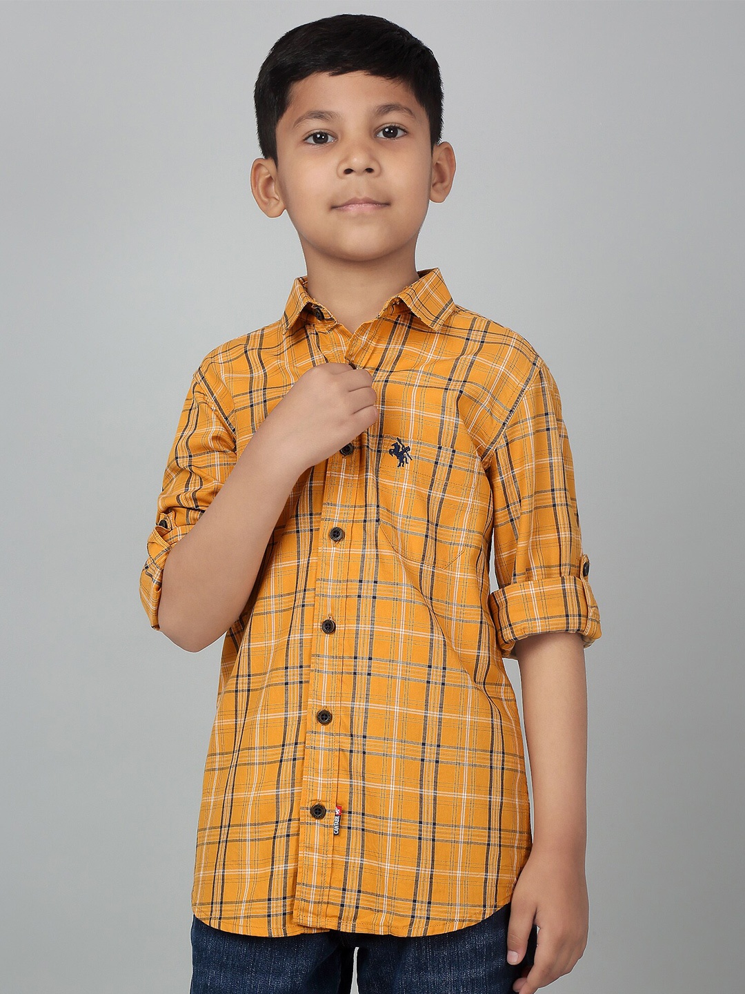 

Cantabil Boys Tartan Checked Spread Collar Long Roll-Up Sleeves Casual Shirt, Mustard