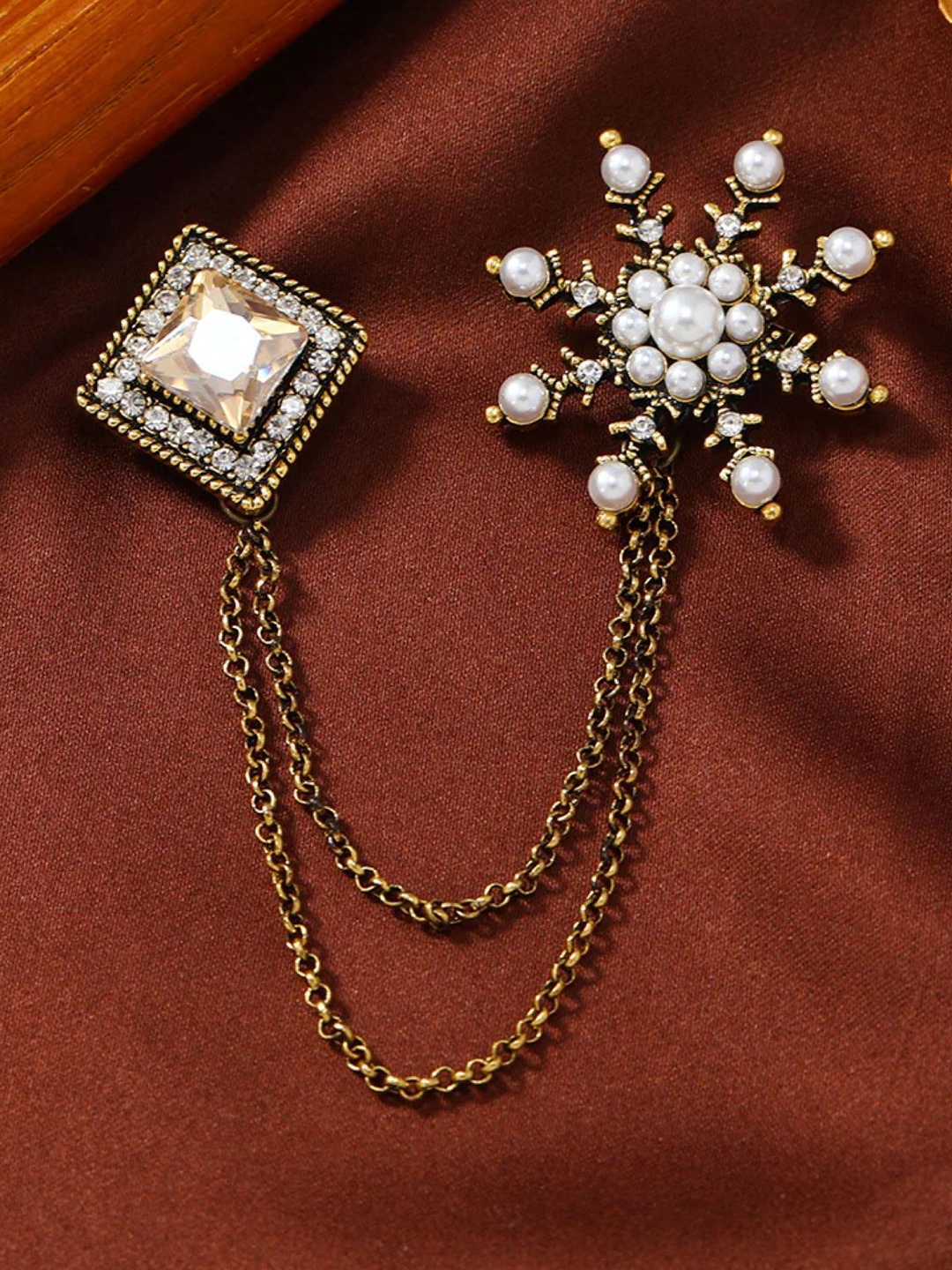 

SYGA Unisex Artificial Statement Stones and Beads Studded Brooch, Gold