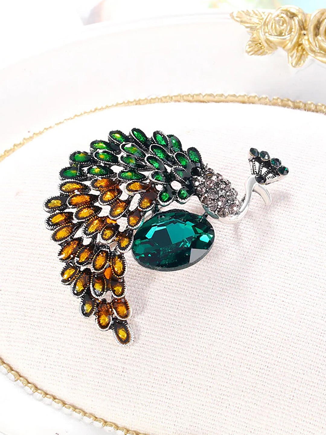 

SYGA Women Crystal Studded Peacock Brooch, Silver