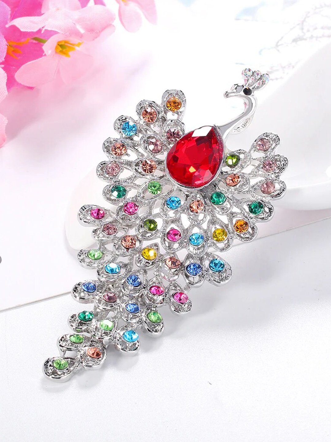 

SYGA Women Crystal Peacock Brooch, Silver