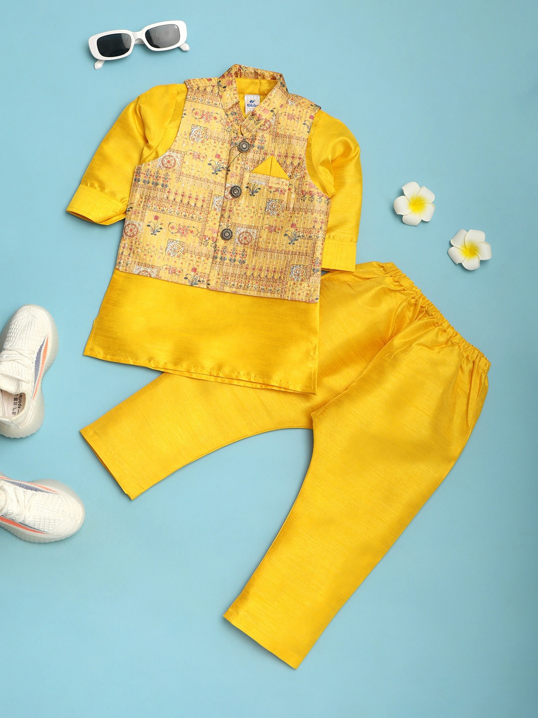 

V-Mart Boys Mandarin Collar Cotton Straight Kurta & Trouser With Nehru Jacket, Yellow