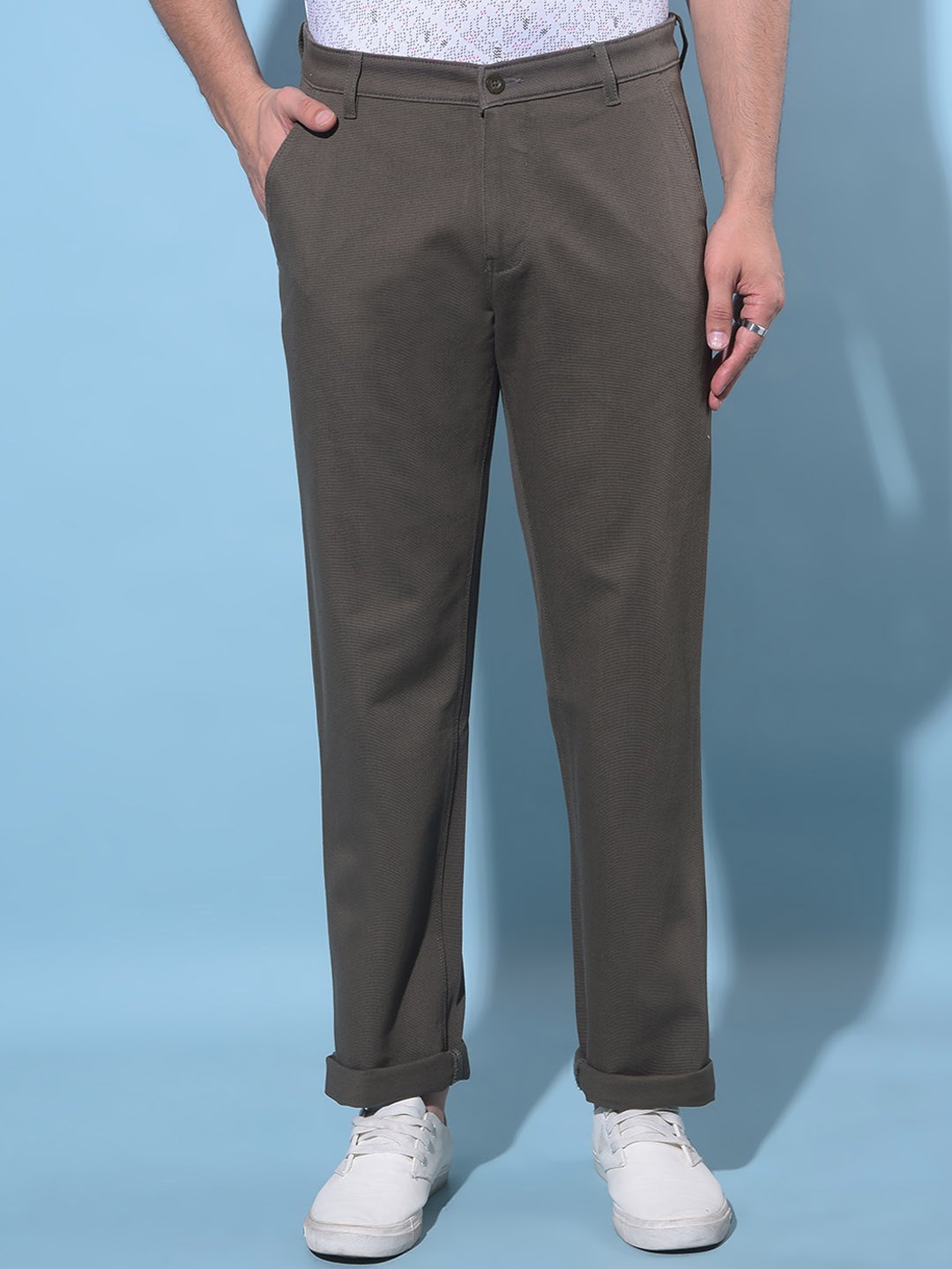 

Crimsoune Club Men Original Mid-Rise Straight Fit Cotton Chinos Trousers, Olive