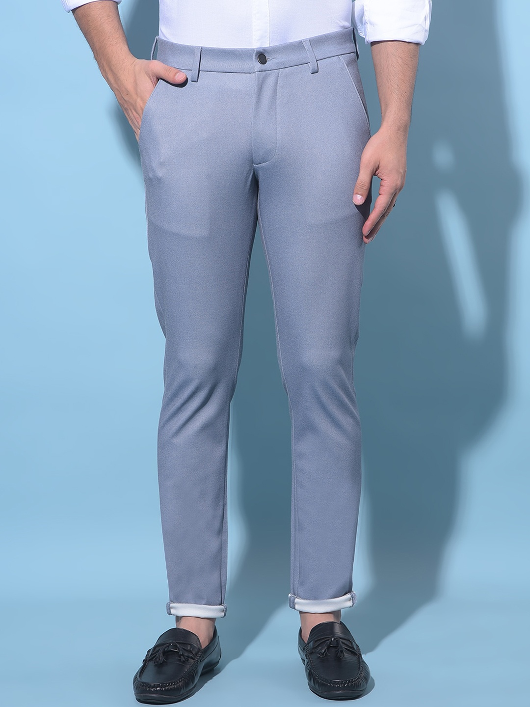 

Crimsoune Club Men Original Mid-Rise Slim Fit Cotton Formal Trousers, Blue