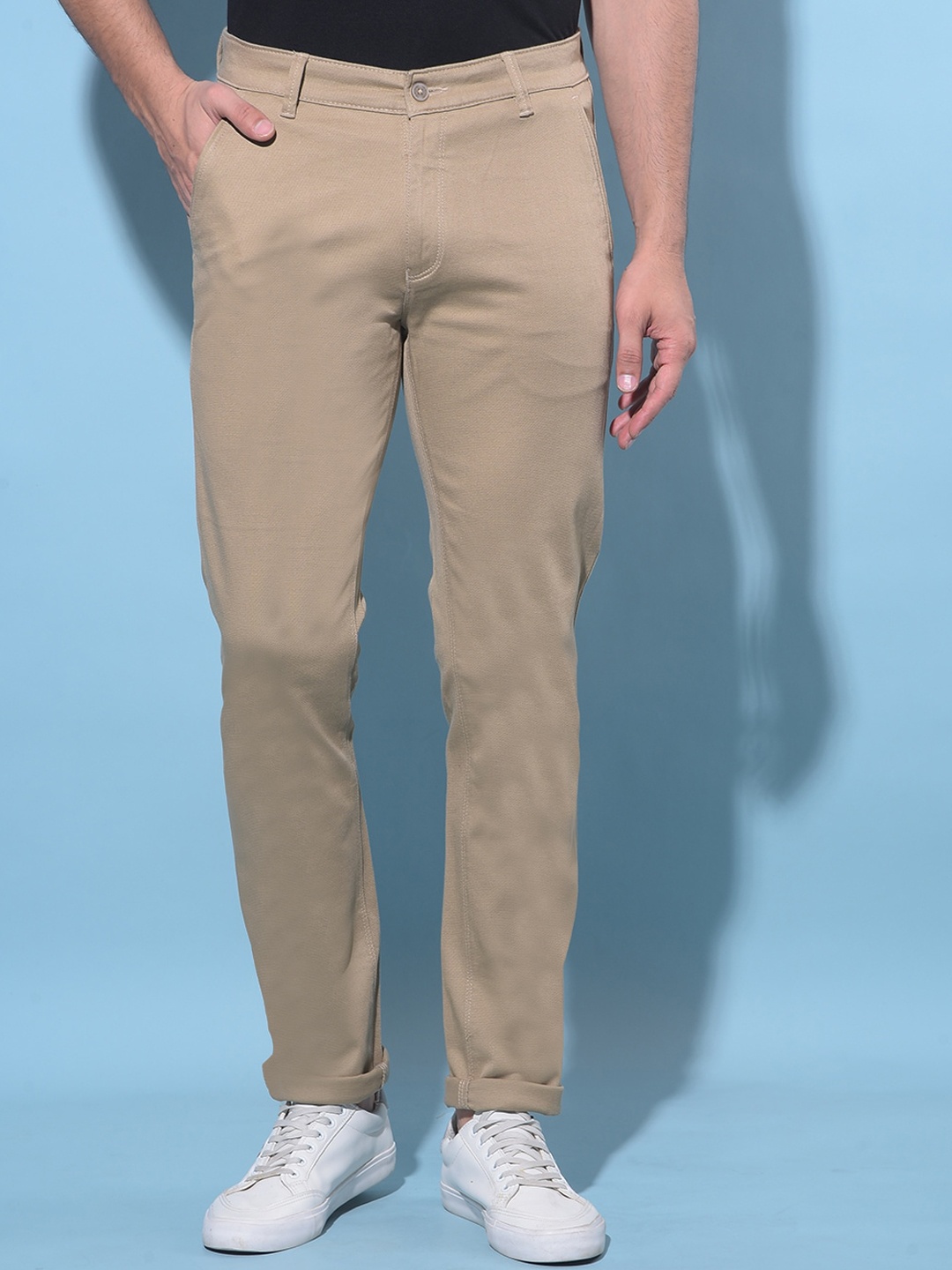 

Crimsoune Club Men Original Mid-Rise Slim Fit Cotton Trousers, Beige