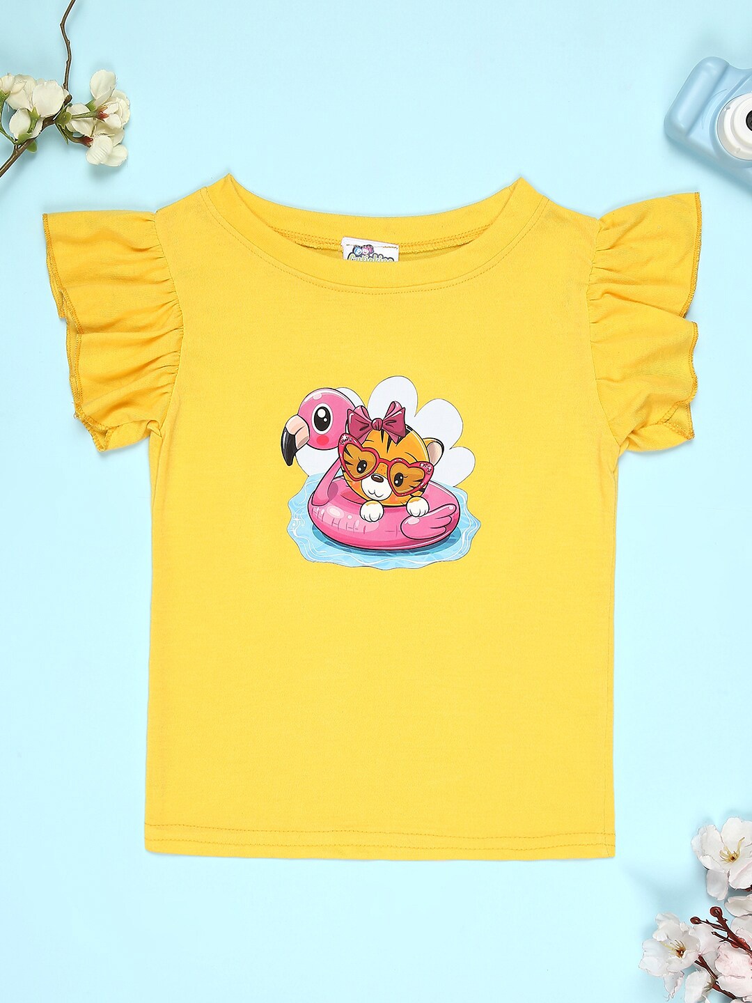 

Cutiekins Girls Graphic Printed Round Neck Cap Sleeves Regular T-shirt, Yellow