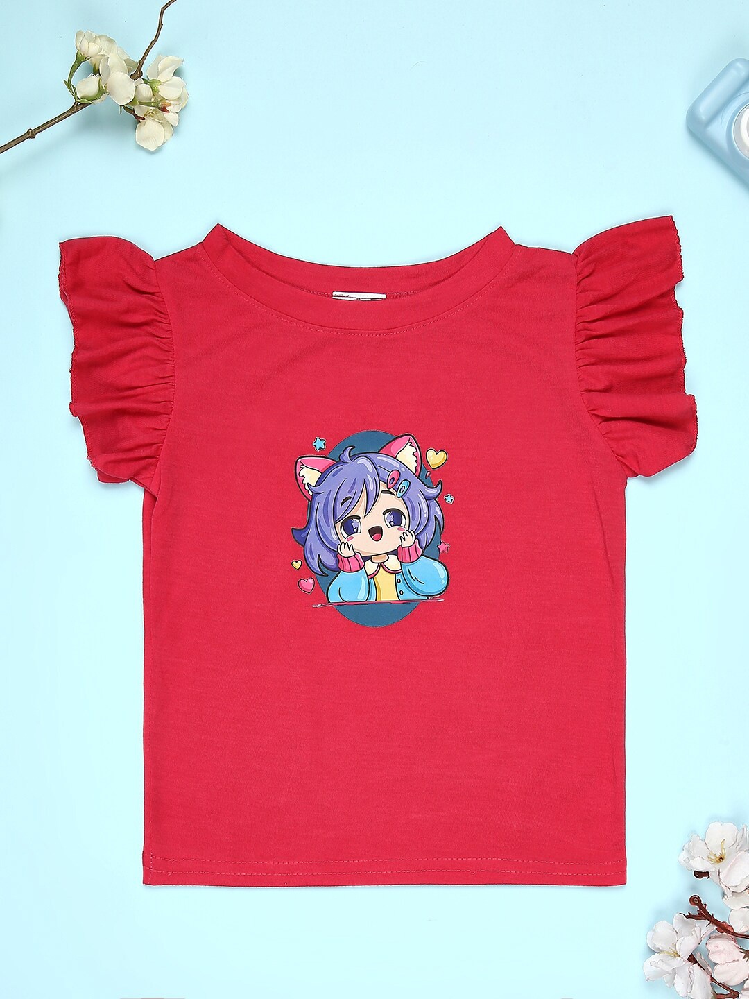 

Cutiekins Girls Graphic Printed Round Neck Cap Sleeves Regular T-shirt, Red